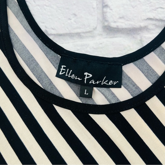 Ellen Parker L Tank Maxi Dress Black and Tan Striped Asymetrical Chiffon Trim - Picture 3 of 8